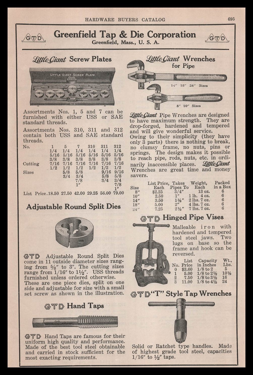 1924 Greenfield Tap & Tie Corp. Little Giant Pipe Wrenches Screw Plates Print Ad