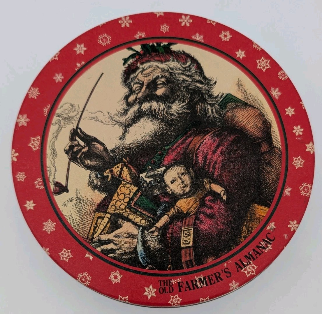 “The Old Farmer’s Almanac” Christmas Old World Santa Tin Metal Canister 7.25″