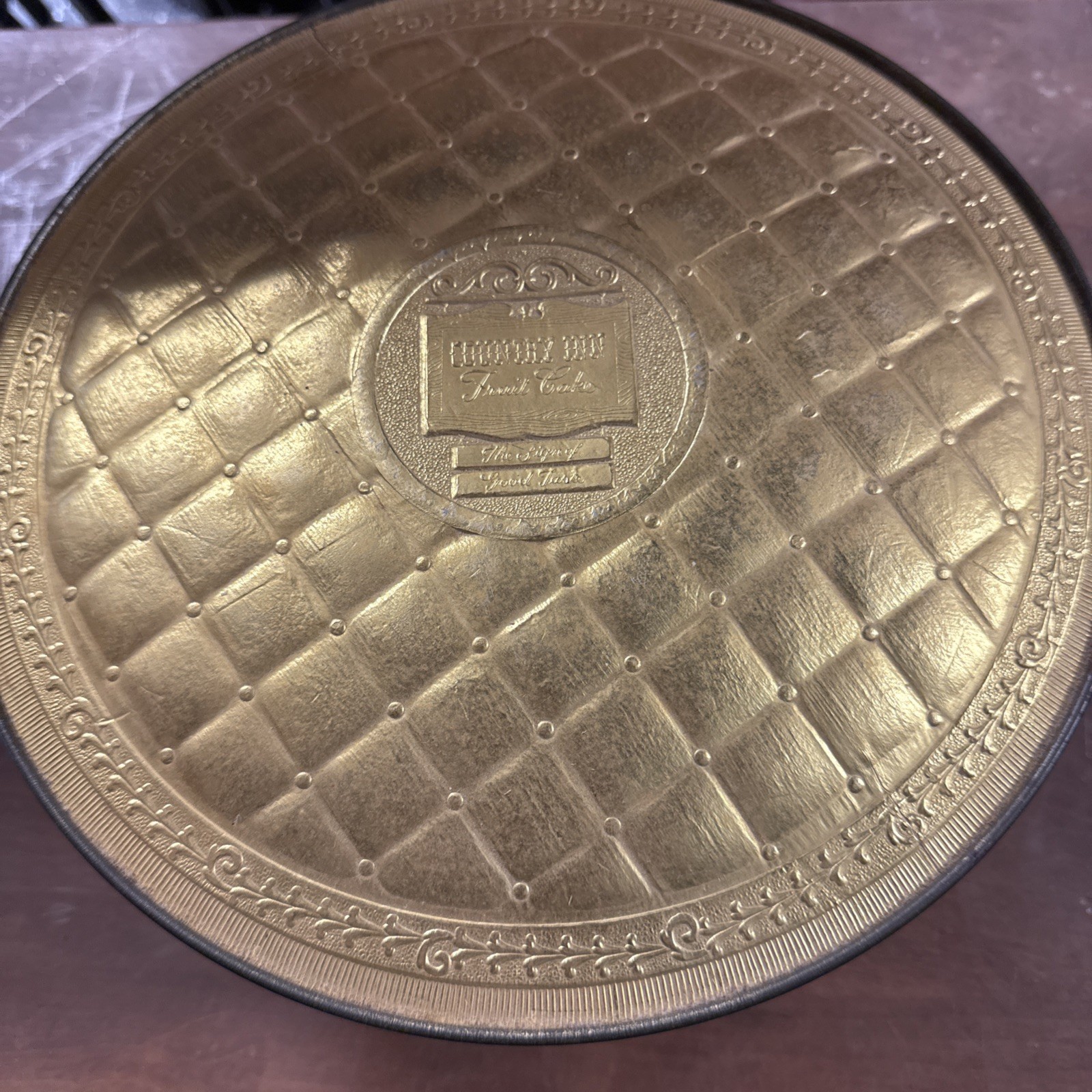 Vintage Gold Metal Tin Embossed Country Inn Fruit Cake Guildcraft Empty 10″ x3.5