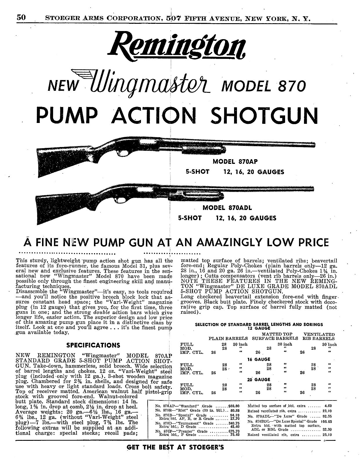 1952 Remington Wingmaster Model 870 Shotgun Advertisement Gun Print Ad Vtg