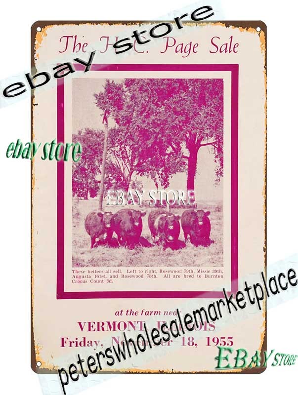 1955 Vermont Illinois HC Page Farm Sale Tin Sign Shorthorn retro ranch