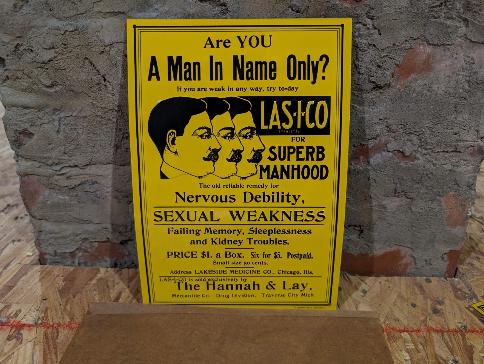 NEW OLD STOCK EMBOSSED LASICO QUACK TONIC SUPERB MANHOOD SEXUAL WEAKNESS SIGN
