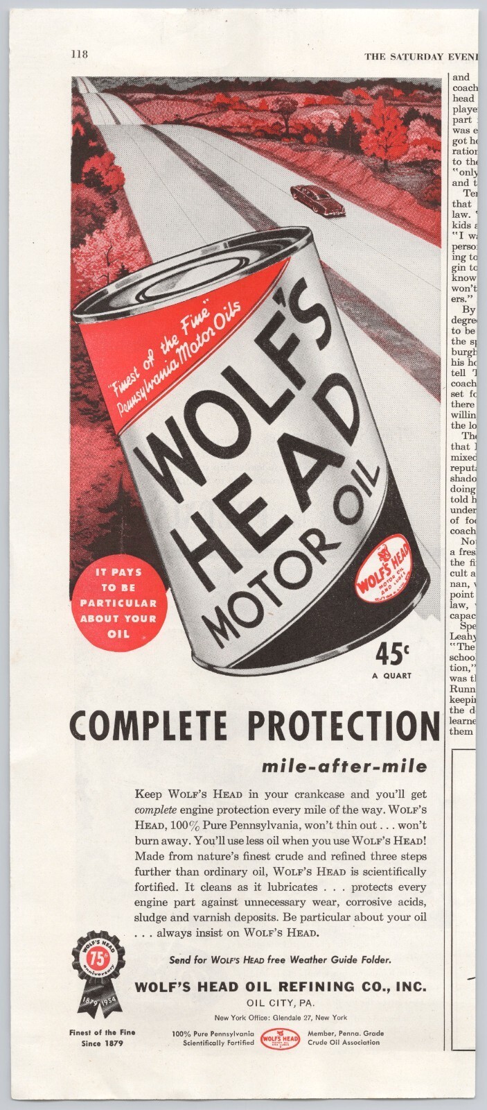 1954 Wolf’s Head Motor Oil Complete Protection 45¢ A Qt VINTAGE PRINT AD SEP54