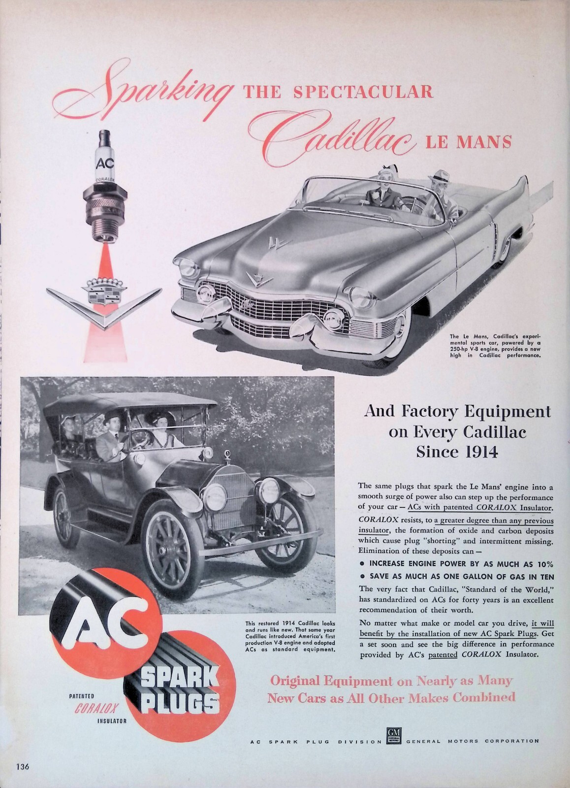 Print Ad 1950’s AC Spark Plugs Cadillac Le Mans Coralox Insulator General Motors