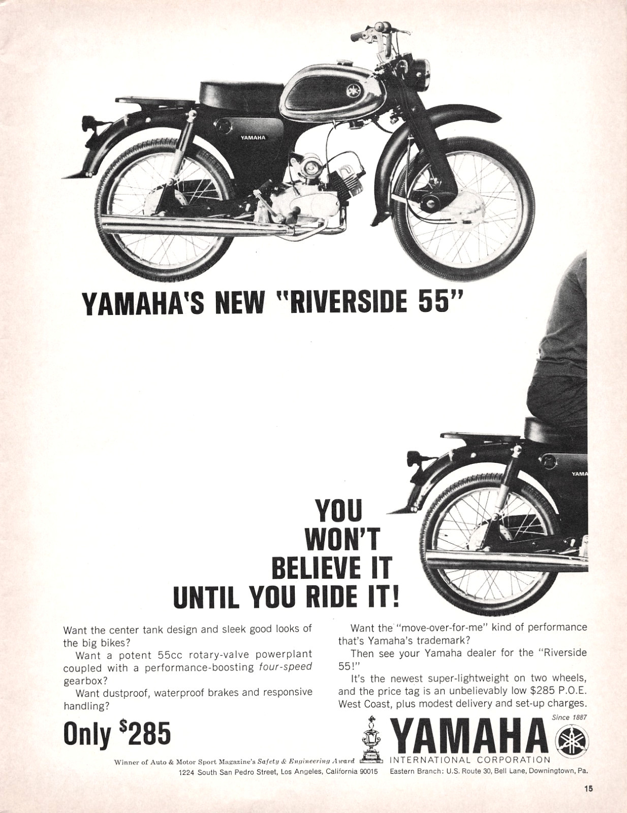 Motorcycle Man Cave Yamaha Riverside 55cc Early Powerplant 1964 Vtg Mag Print Ad