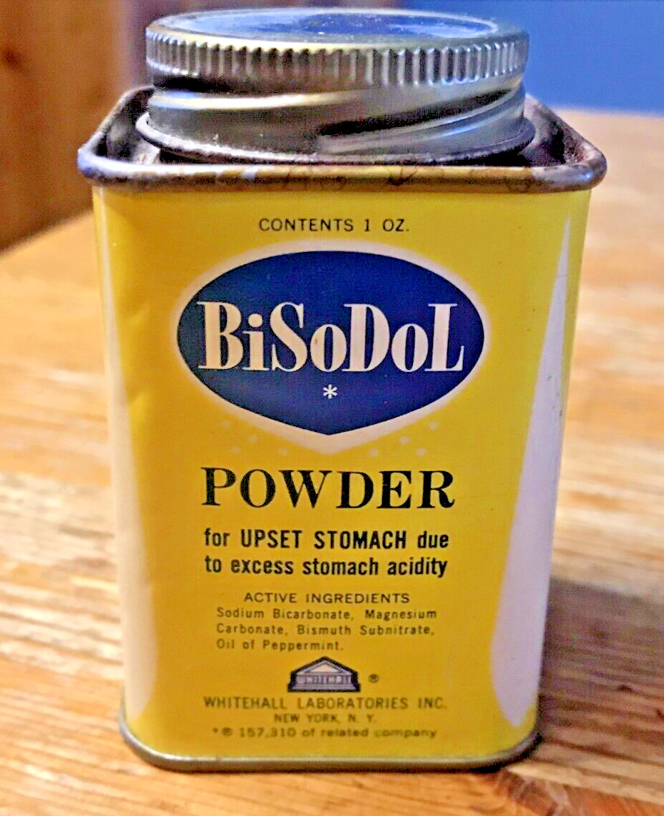 BiSoDol Powder Tin 1 oz Vintage Whitehall Laboratories Advertising Stomach Meds