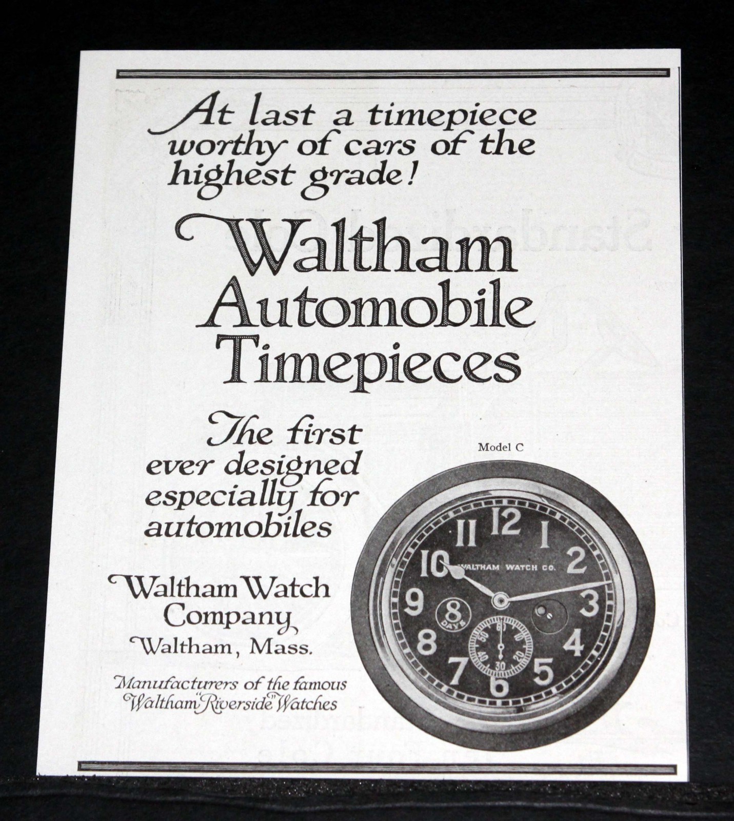 1914 OLD MAGAZINE PRINT AD, WALTHAM AUTOMOBILE TIMEPIECES, FOR HIGH GRADE CARS!