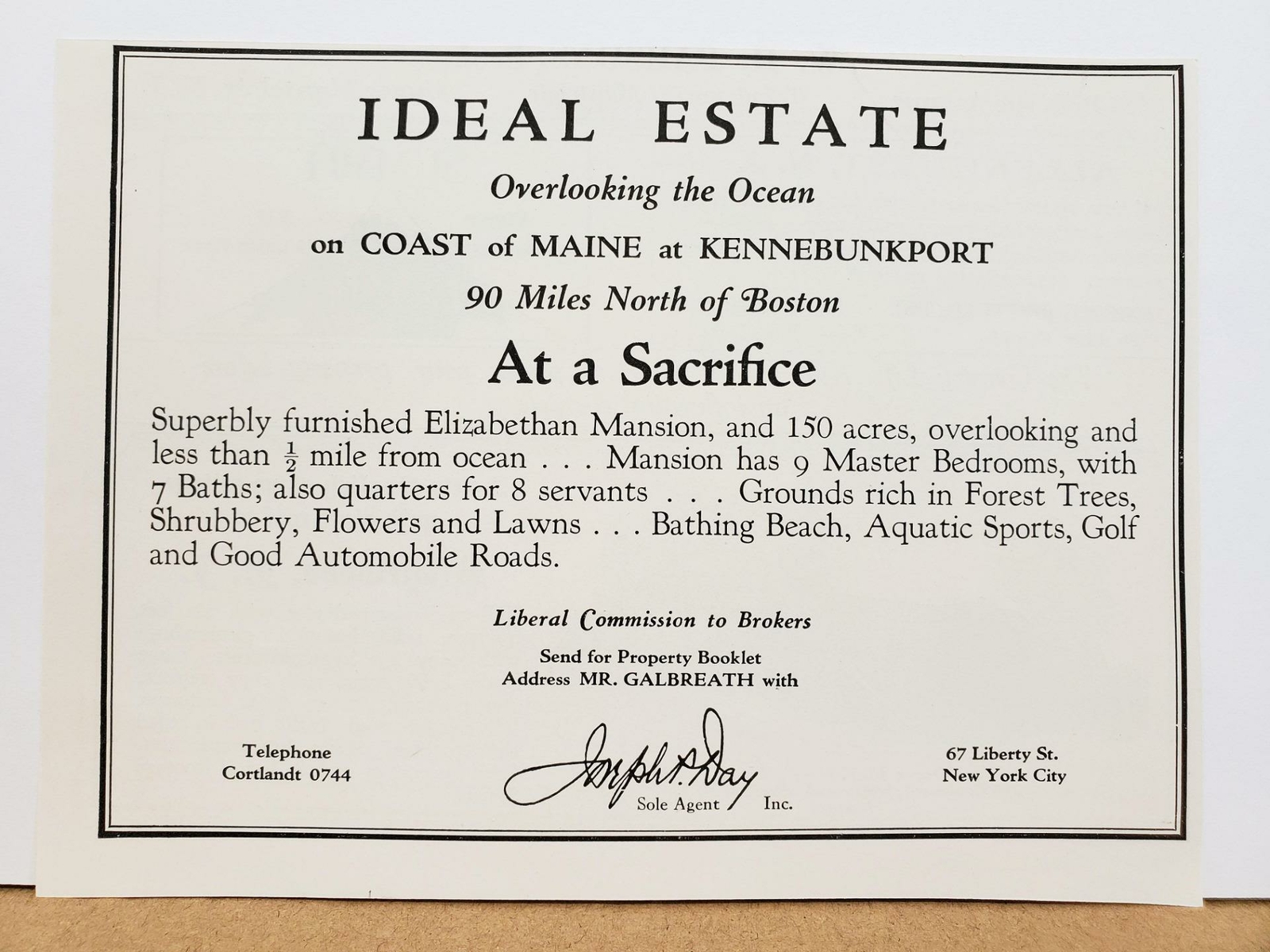 Kennebunkport Maine Elizabethan Mansion 1928 PRINT AD Joseph P Day Real Estate