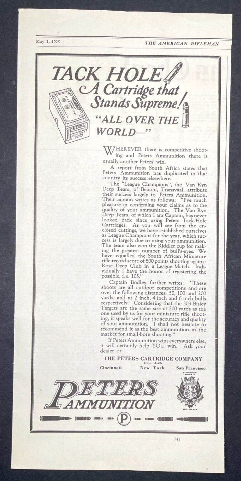 1925 Peters Ammunition Tack Hole Cartridges Vintage Print Ad