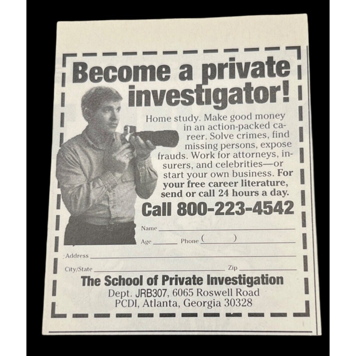 The School of Private Investigation Vintage Mini Print Ad 1990s Atlanta GA