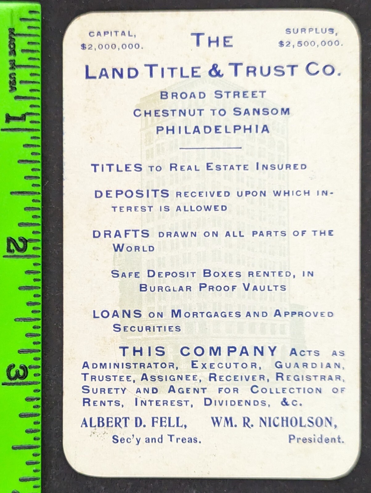 Antique 1908 Land Title & Trust Co Philadelphia PA Pocket Calendar Trade Card