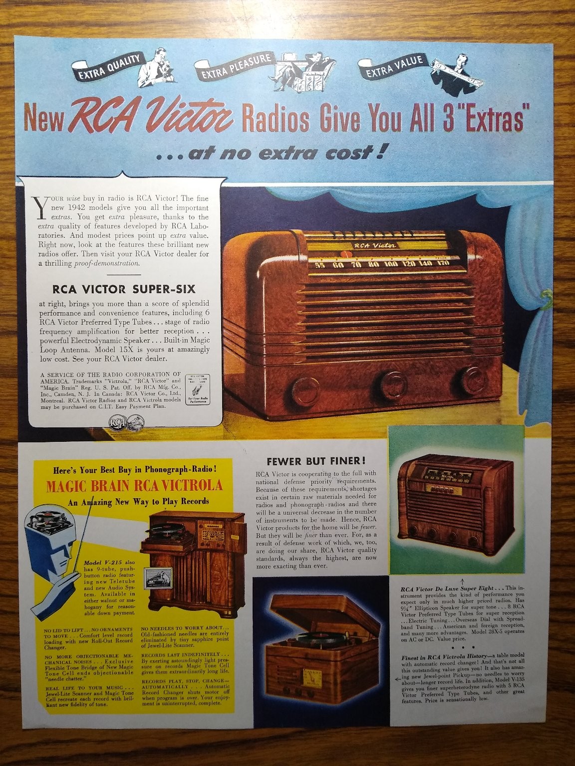 RCA Victor Radios WWII Ad Print “Fewer But Finer” 1942 Home Front Ephemera
