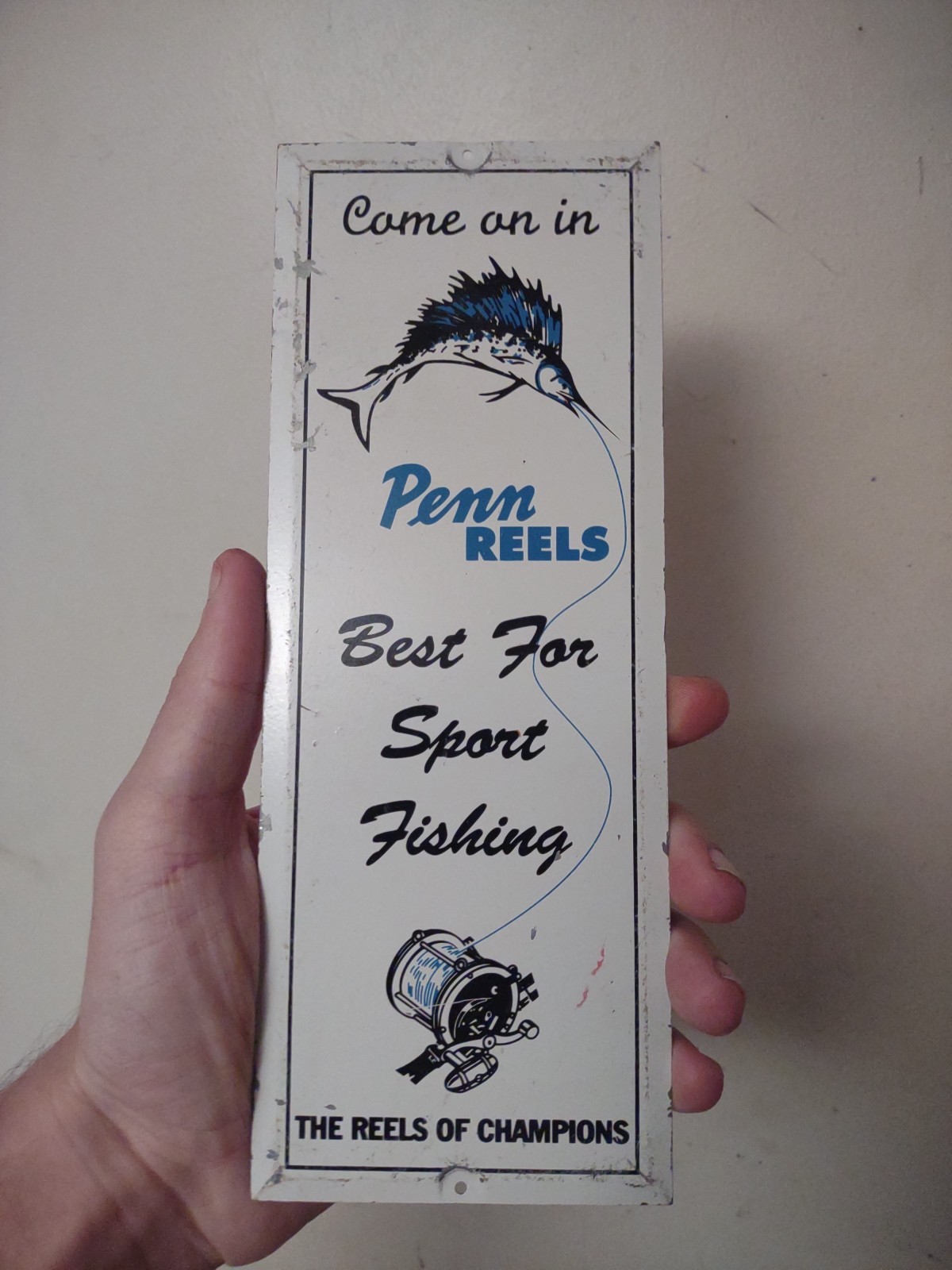 SCARCE VINTAGE PENN FISHING REELS PAINTED METAL DOOR SIGN BATE SHOP MARLIN