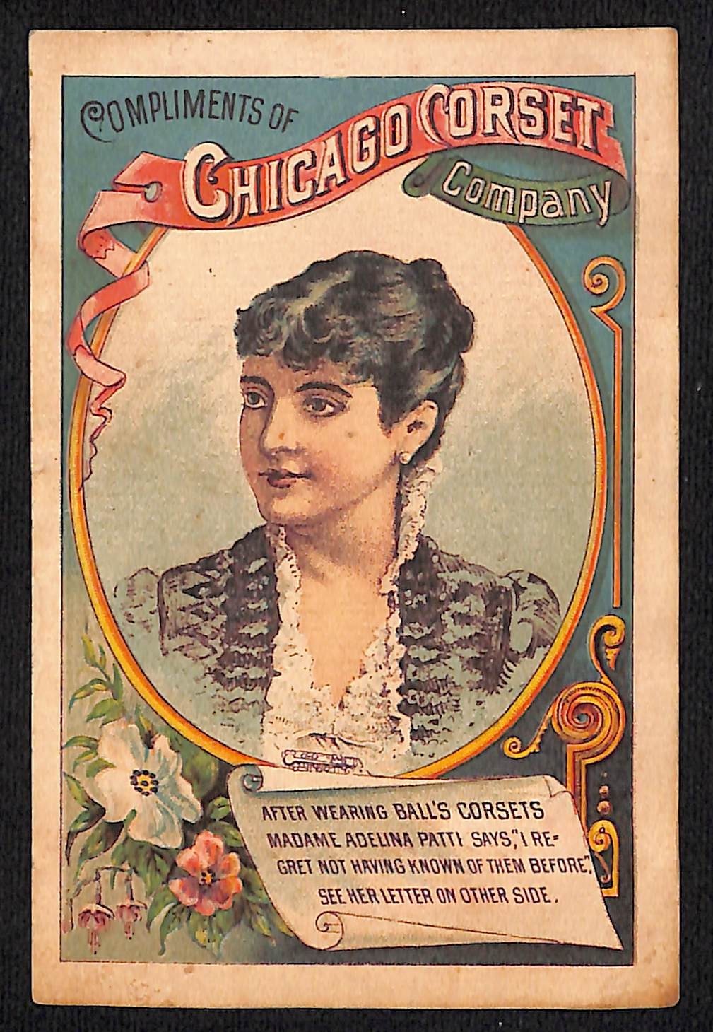 Chicago Corset Co. Victorian Trade Card – Adelina Patti “Queen of Song”