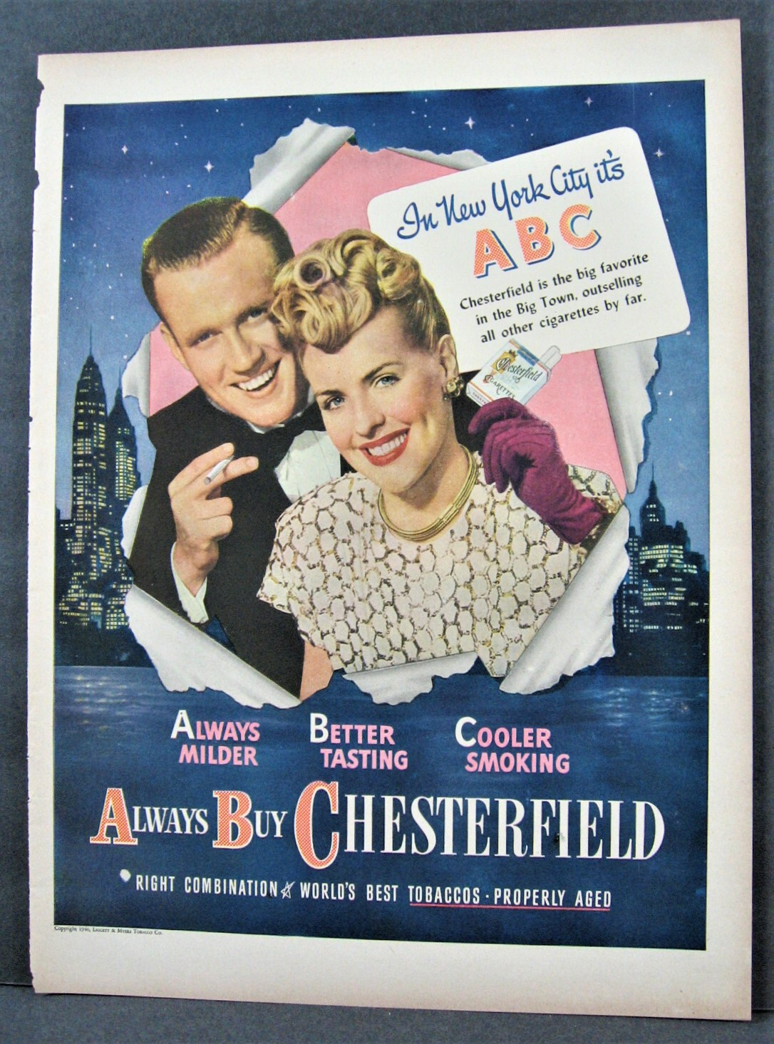Vintage 1946 Chesterfield Cigarettes Magazine Ad Full Page New York City Stars