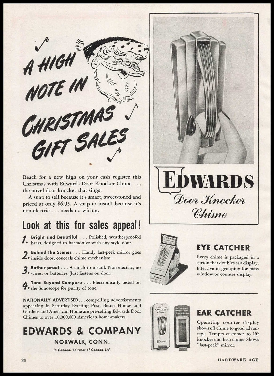 1947 Edwards Norwalk Connecticut Door Bell Chime Santa Claus Christmas Print Ad