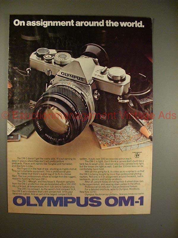 1979 Olympus OM-1 Camera Ad, On Assignment Around World