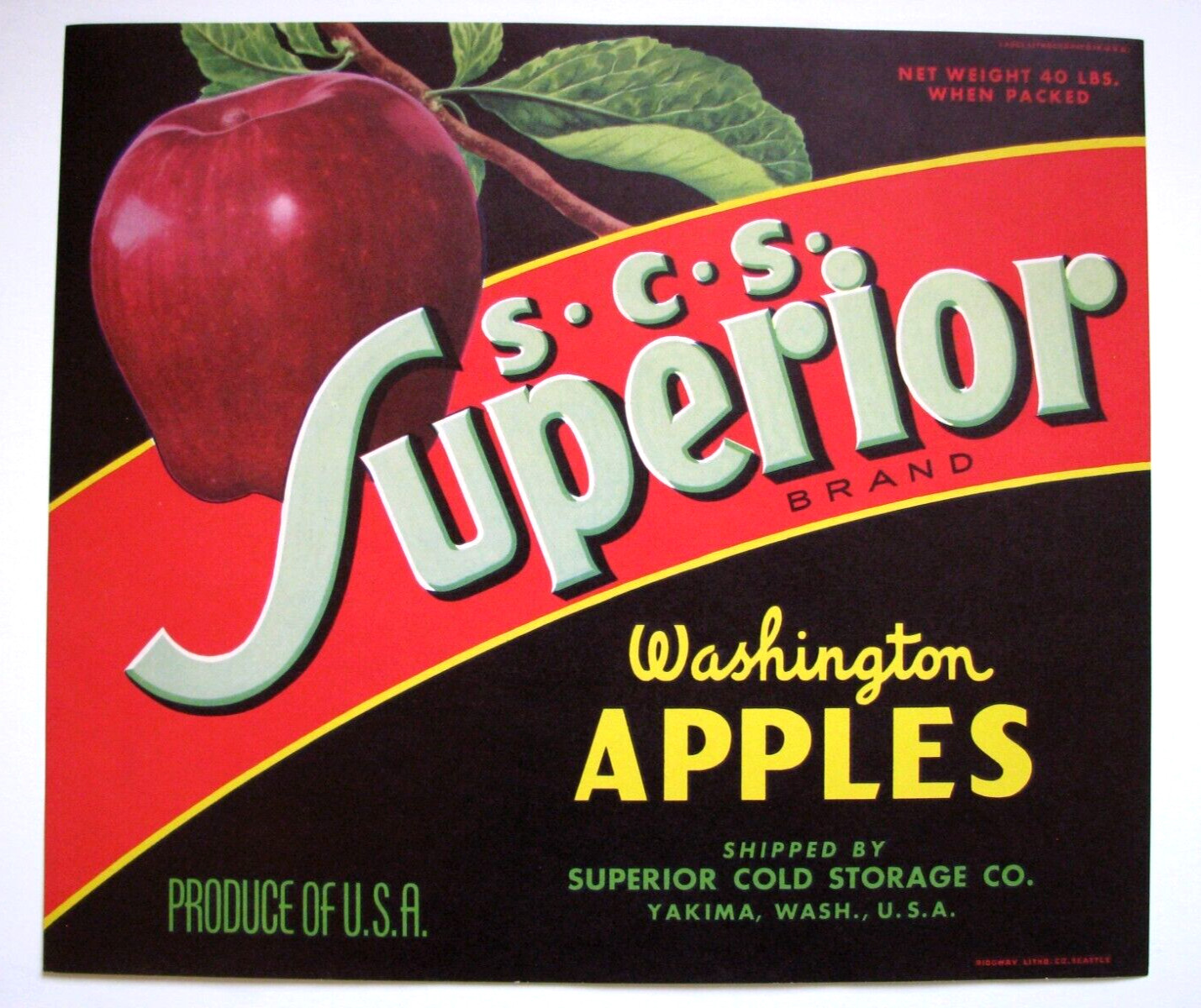 Original SCS Superior apple crate label Superior Cold Storage Co. Yakima Wash