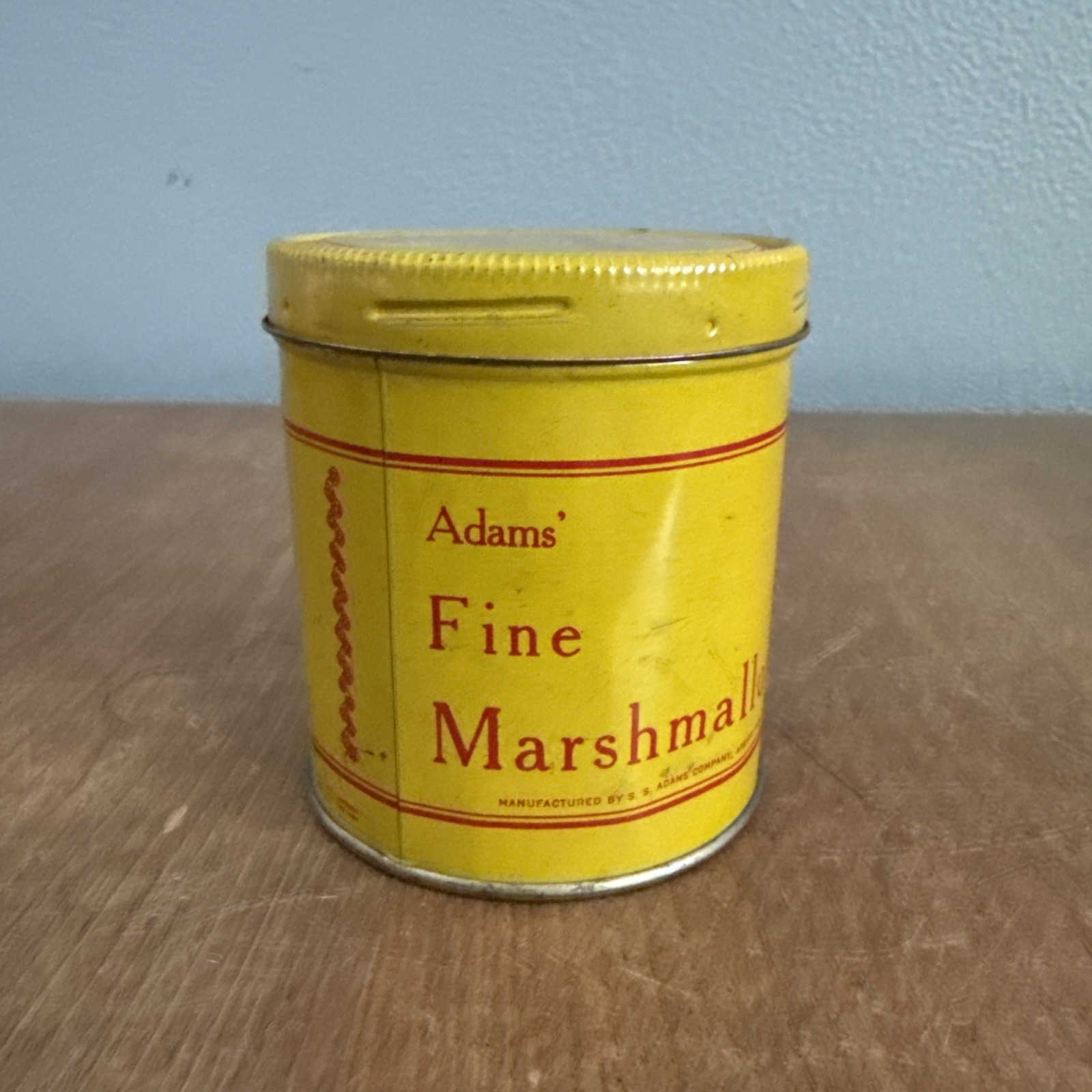 Vintage Yellow Tin Can Adams Fine Marshmallows Spring Pop-Out Snake Magic Trick