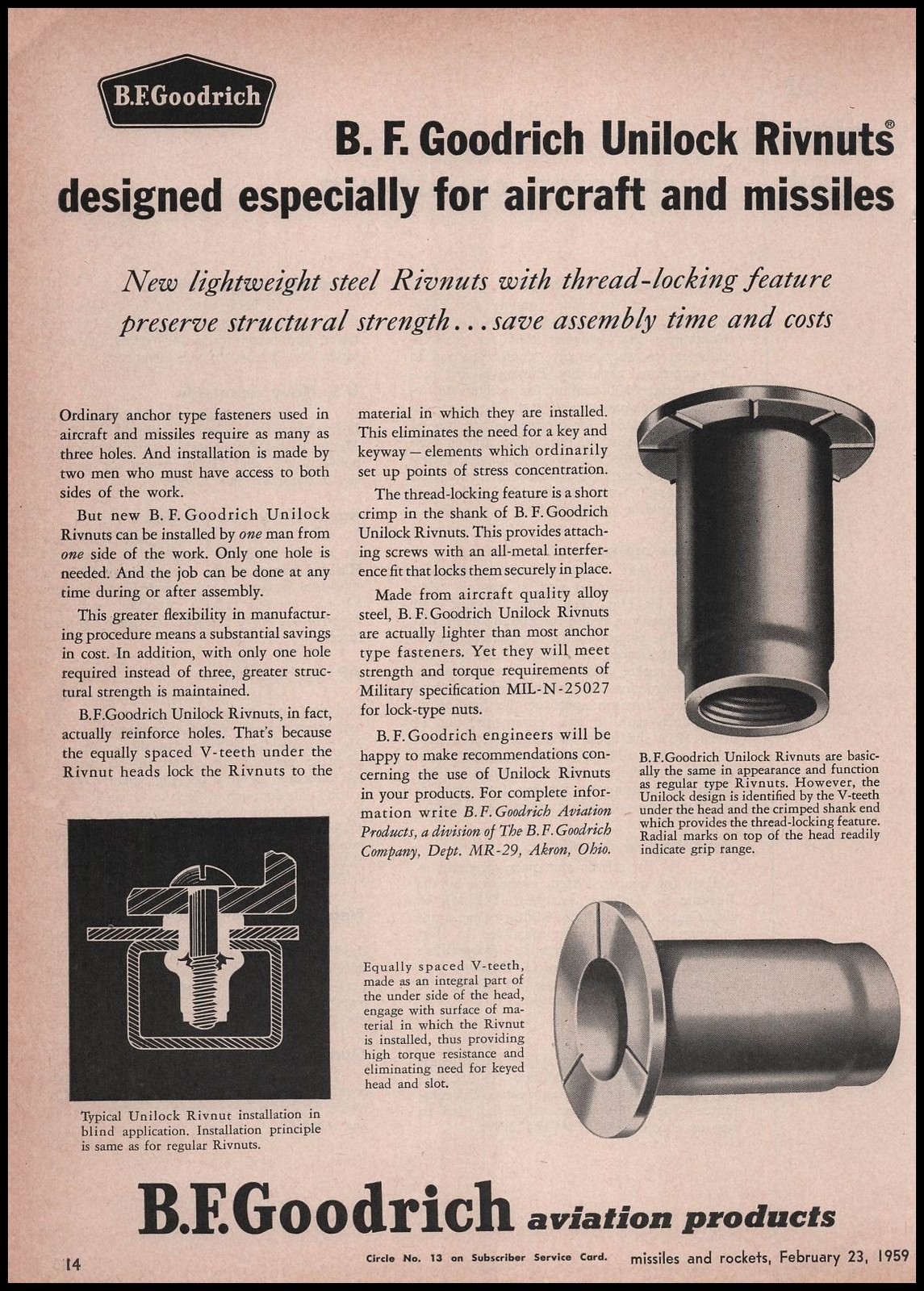 1959 BF Goodrich Aviation Diagram Unilock Rivnuts For Aircraft Missiles Print Ad