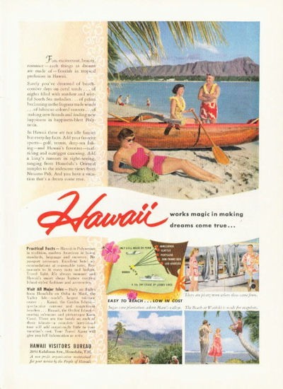 1955 Hawaii Visitors Bureau PRINT AD features: Beach Diamond Head Carved Canoe