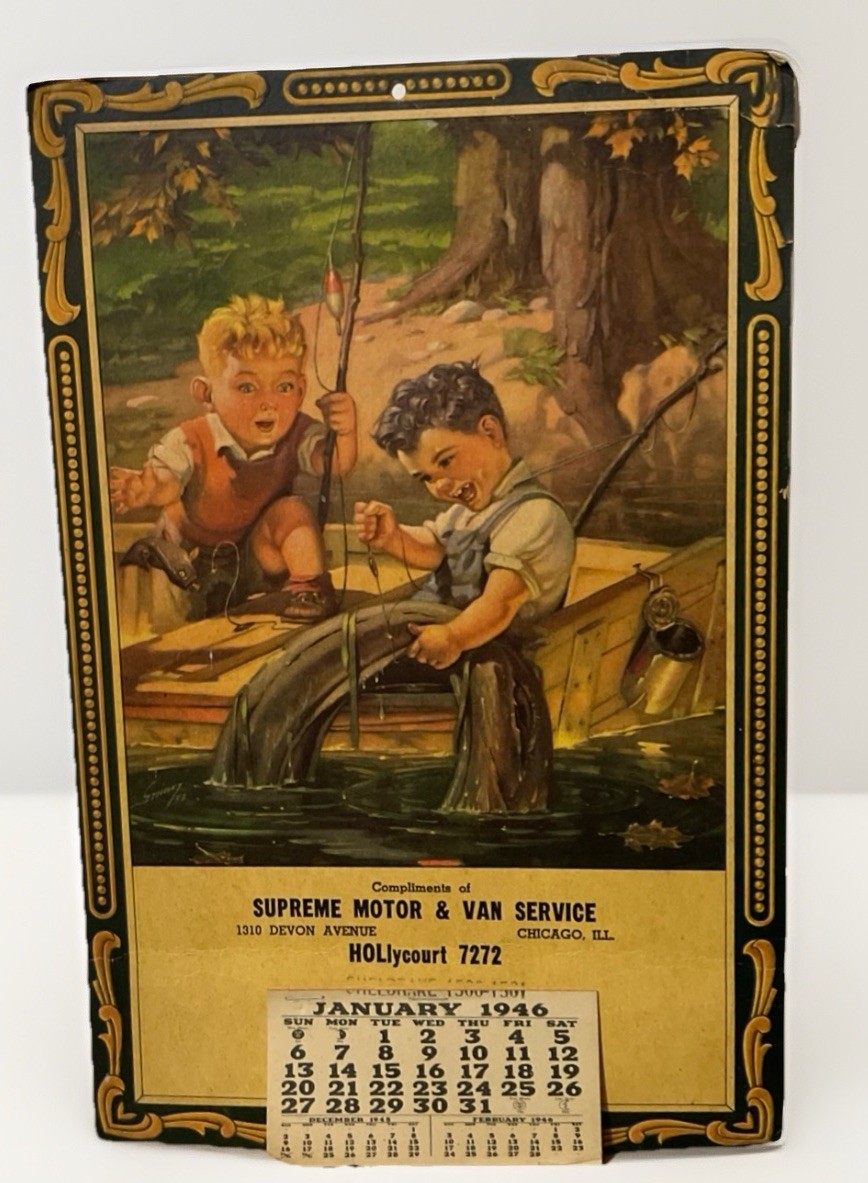 Vtg Advertising Calendar Supreme Motor & Van Boys Fishing Art Full Pad 1946