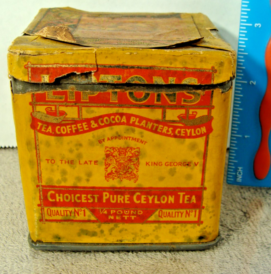 Lipton Ceylon Tea Tin Can Label Gold Medal Calcutta Exhibition 1923 w/Tea 3x3x3
