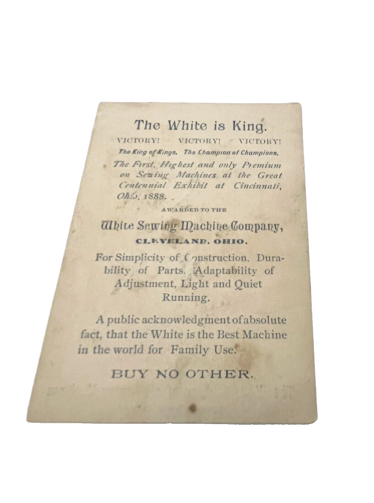 The White Is King Sewing Machine Company Trade Card Cleveland Ohio Advertising