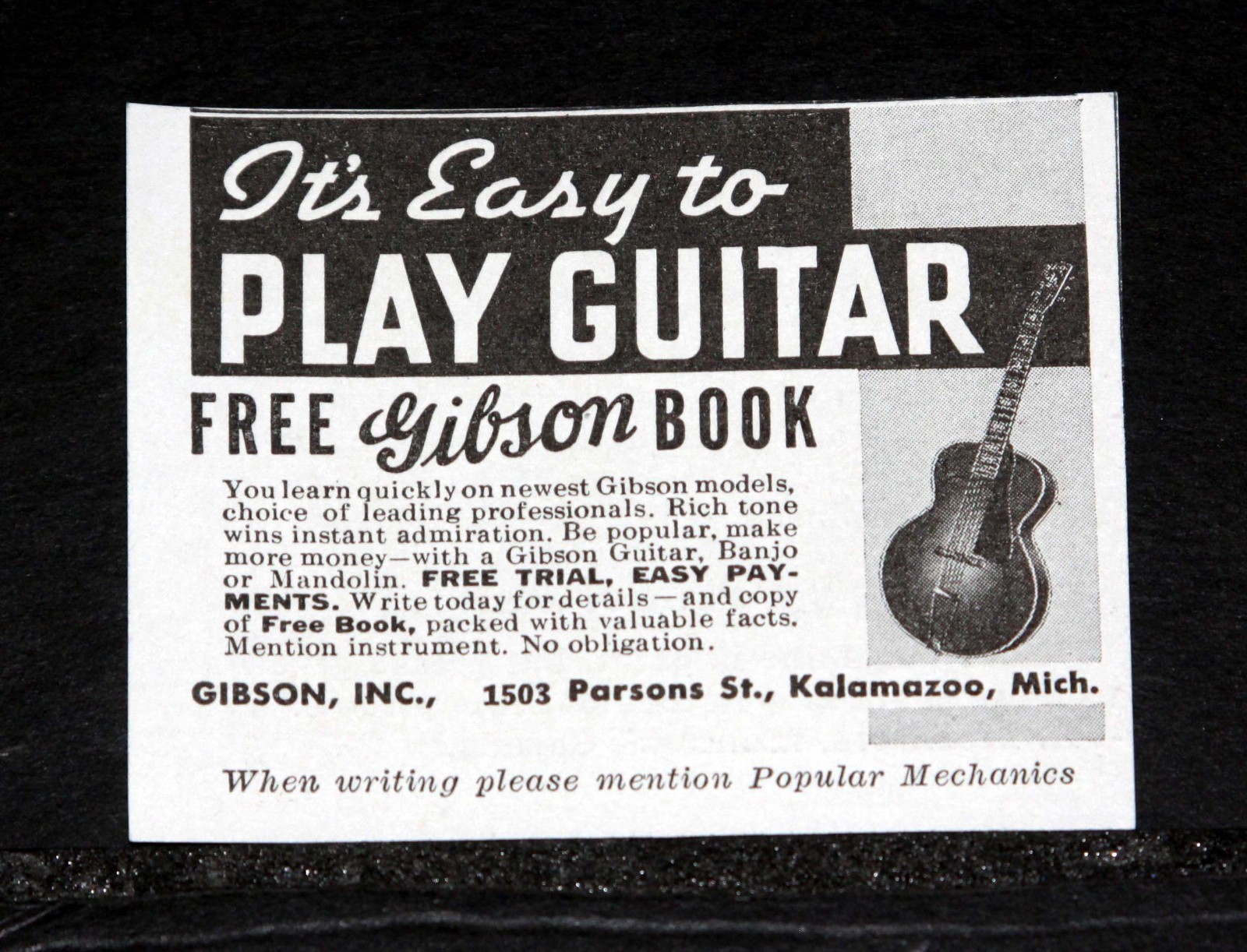 1935 OLD MAGAZINE PRINT AD, GIBSON, IT’S EASY TO PLAY GUITAR, YOU LEARN QUICKLY!