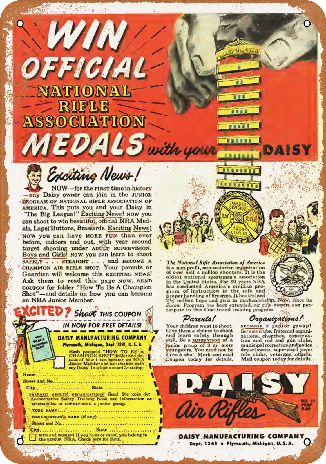 Metal Sign – 1951 Win NRA Medals with Your BB Gun – Vintage Look Reproduction