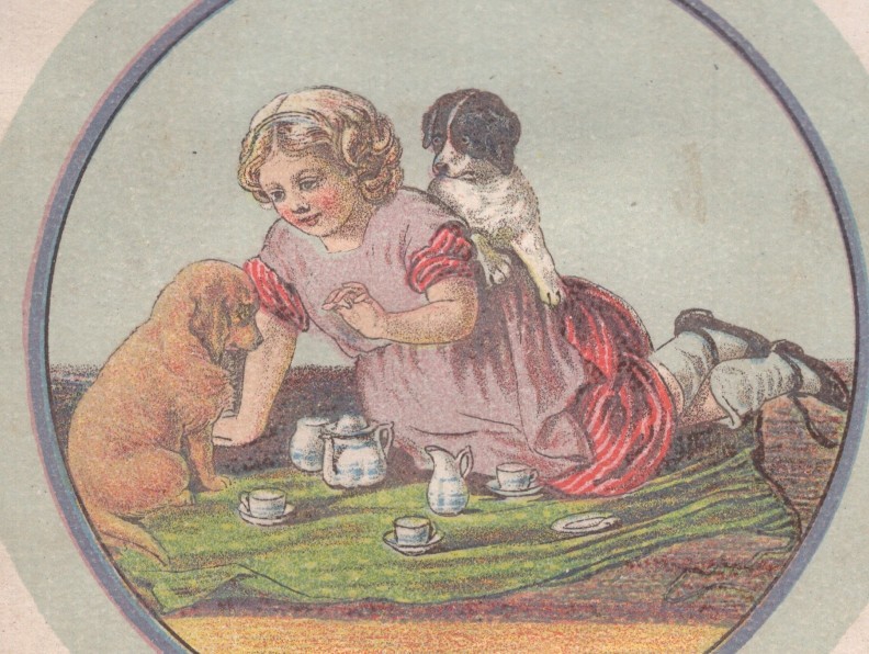 HOOD’S SARSAPARILLA TRADE CARD, 2 DOGS & A LITTLE GIRL HAVING A TEA PARTY Z9*