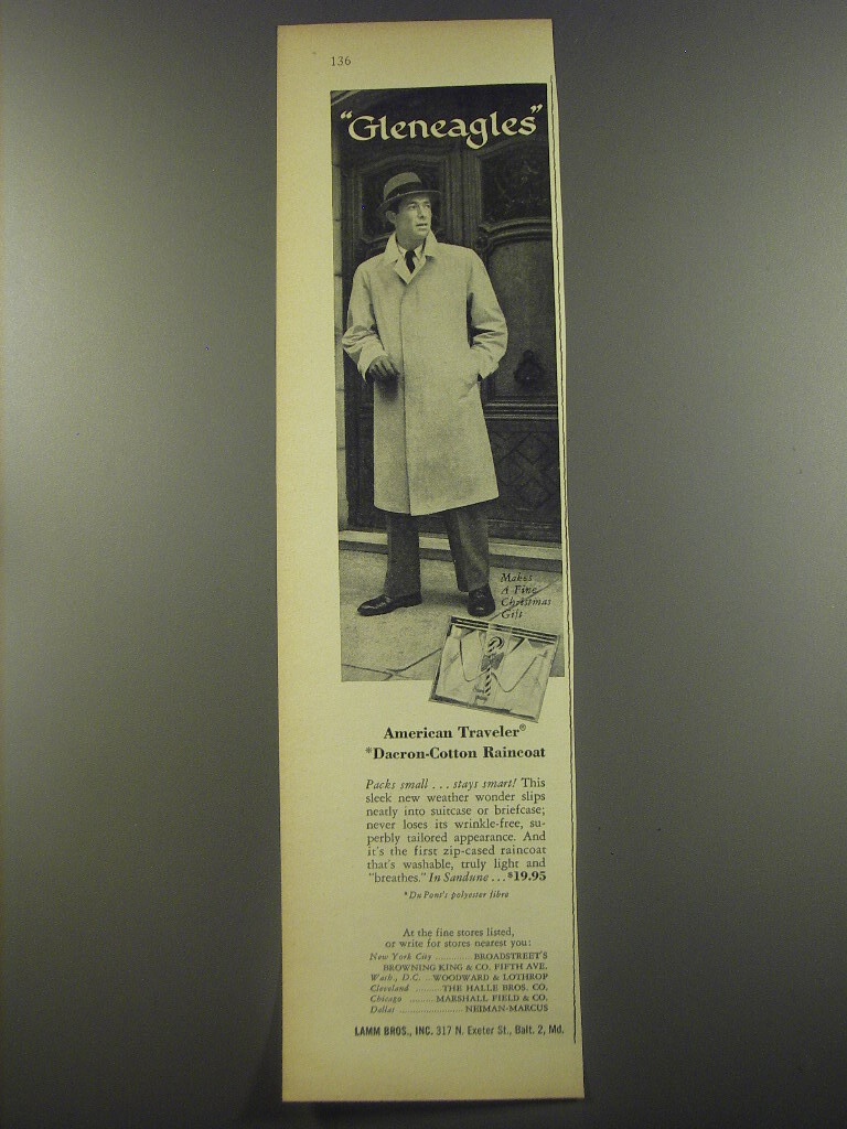 1956 Lamm Bros. Gleneagles Raincoat Advertisement – American Traveler