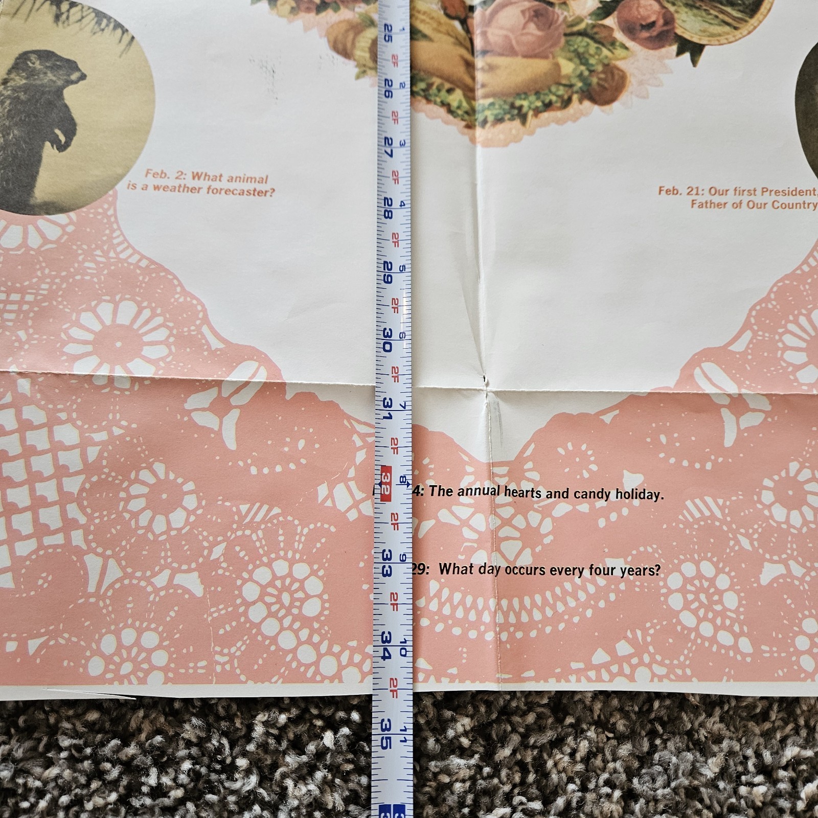 Vtg Febuary Valentine Calendar Poster 1972 34 x 28″ Fold Out Heart Paper Craft