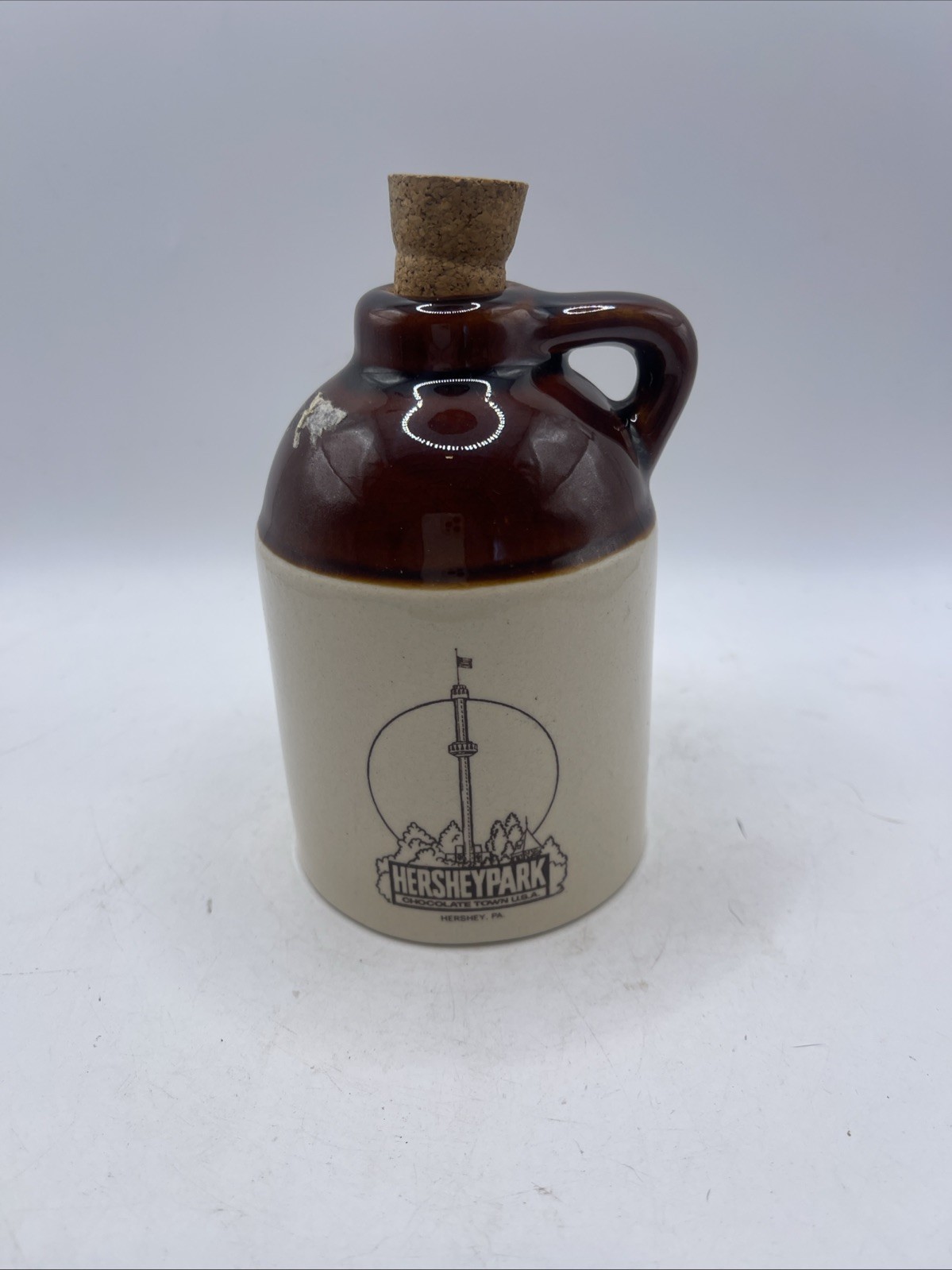 small brown ceramic jug – souvenir of Hershey Park, Hershey, PA