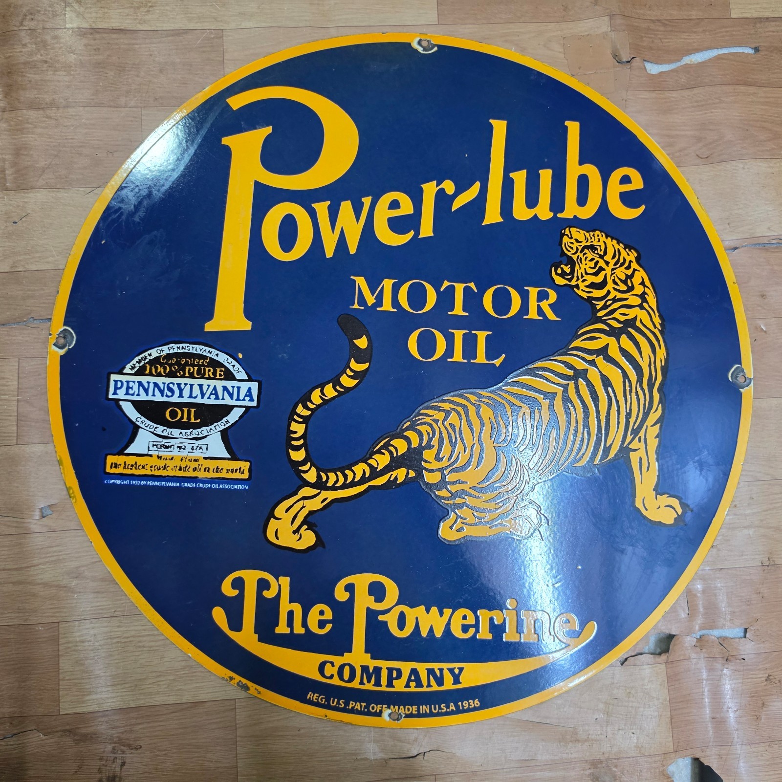 POWERLUBE MOTOR OIL PORCELAIN ENAMEL SIGN 29 X 29 INCHES