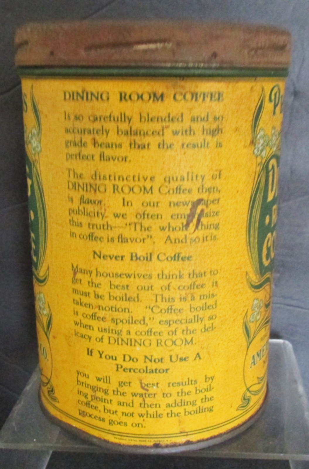 Dining Room Coffee American Food Co Newark NJ 1 lb Screw Top Tin Passaic Metal