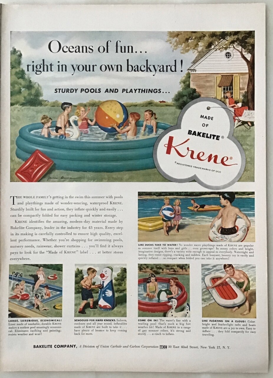 1954 magazine ad for Bakelite Krene – Colorful Kiddie Pools & Water Toys