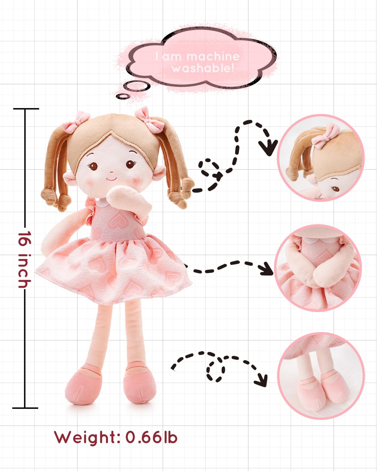 LeyaDoll 16 inches (L) x 8 (W) x 3 (H), Sweetheart Girl-pink