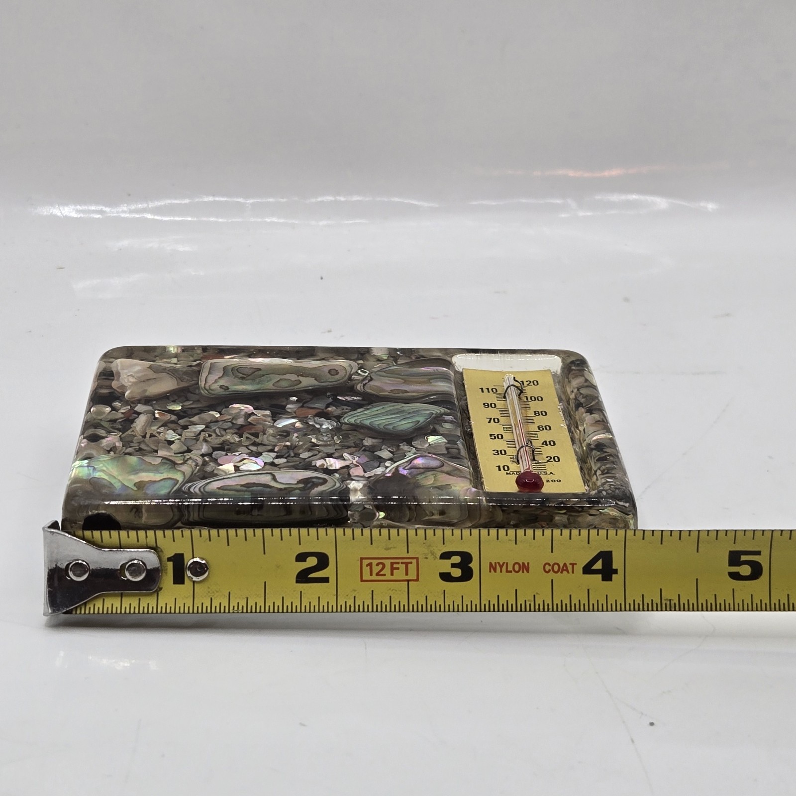 Vtg Abalone Seashell Paperweight Lucite Block Thermometer SAN FRANCISCO 4×3