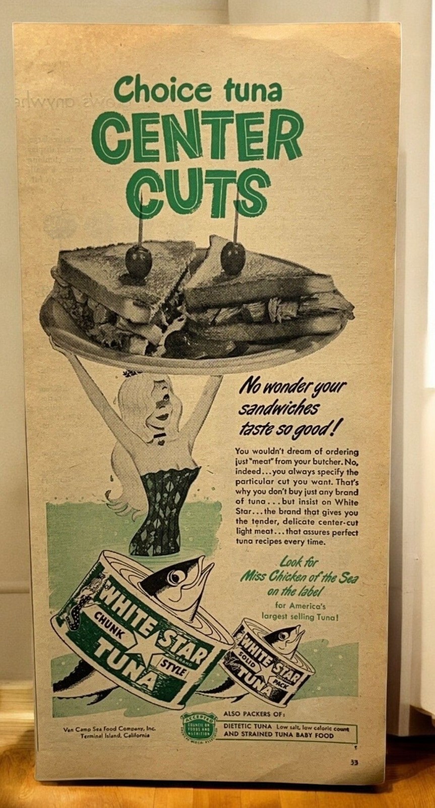 White Star Tuna Vintage Print Ad 1950s Mermaid sandwich Retro Kitchen Design