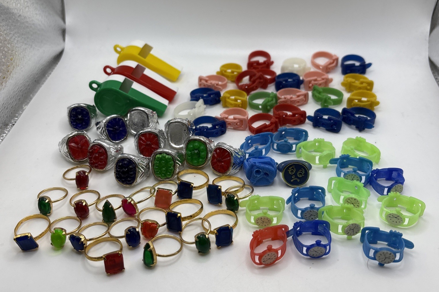 Vintage Gumball Machine Prize Lot Hong Kong Ring Whistle Jewel Watch Over 70