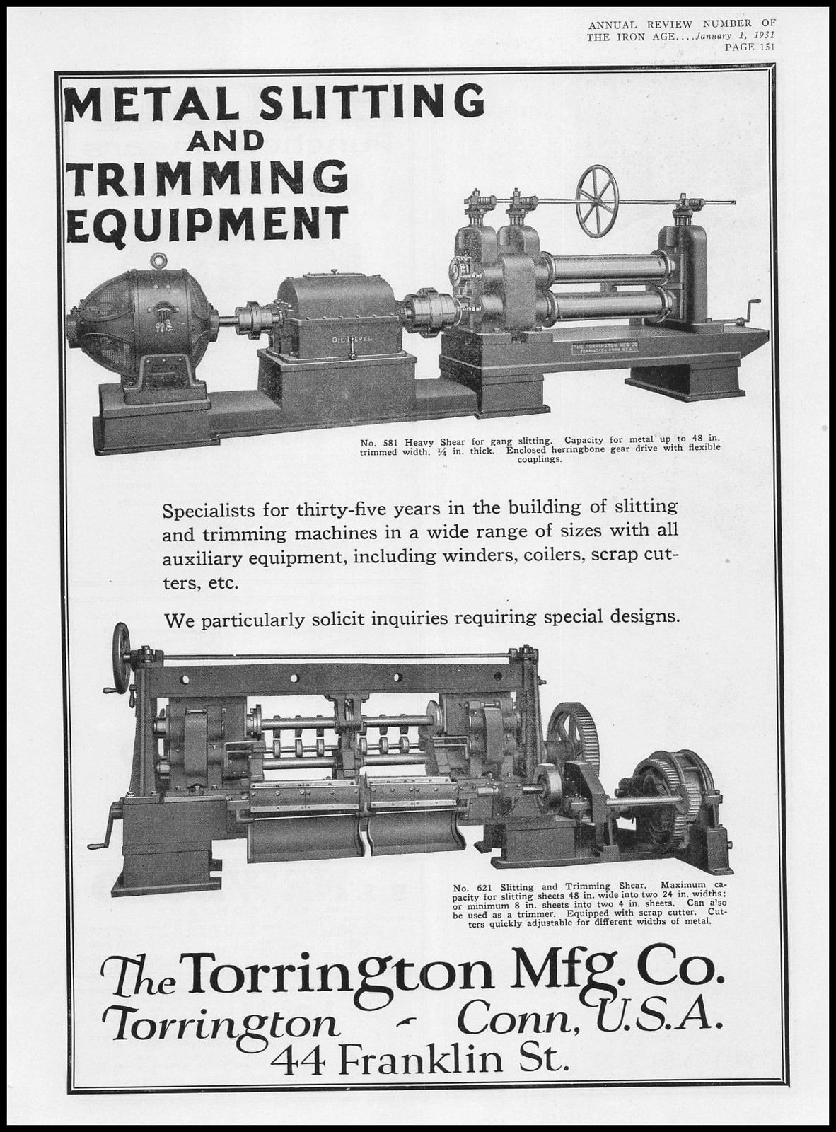 1931 Torrington Mfg Co. Connecticut Metal Slitting & Trimming Machines Print Ad