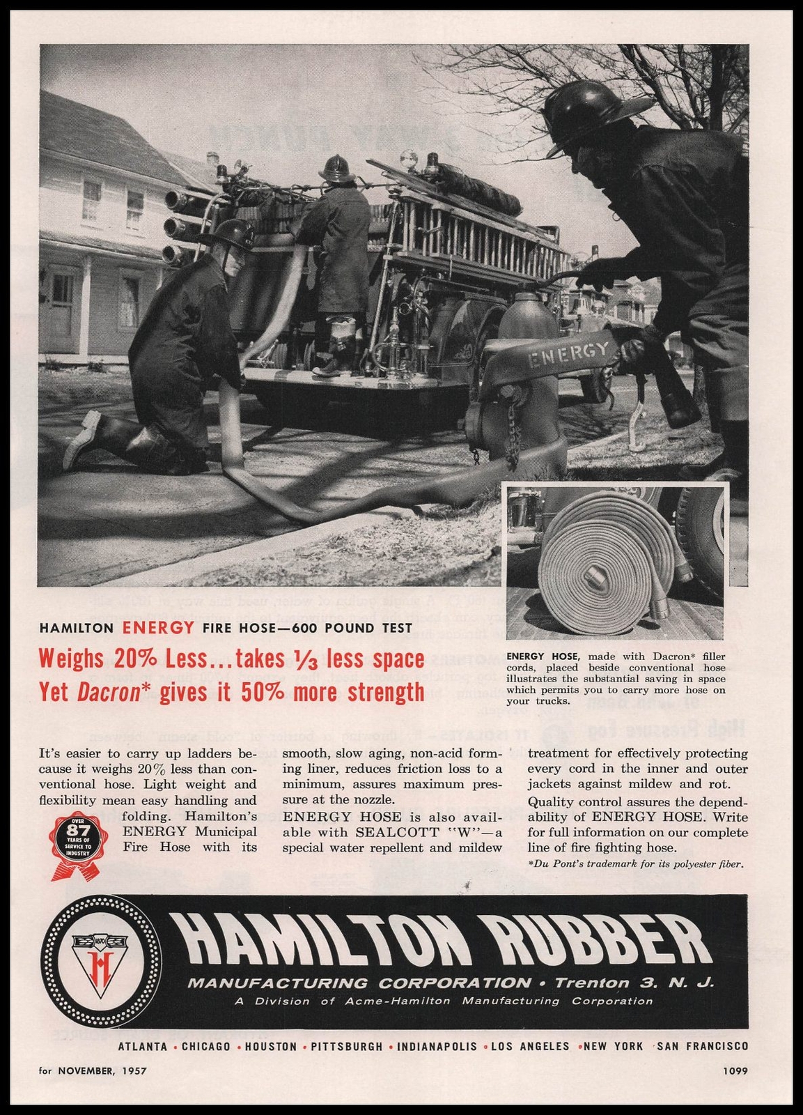 1957 Hamilton Rubber Corp. Trenton New Jersey Photo Energy Fire Hose Print Ad