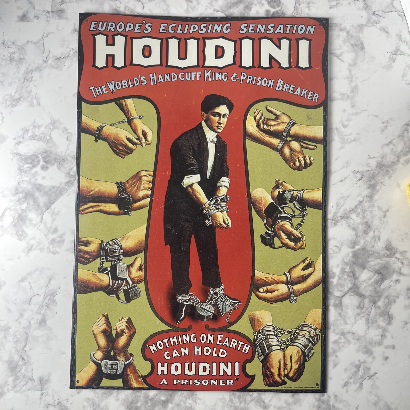 Harry Houdini Tin Advertising Sign 16.5”X11″ Desperate Sign Co Replica