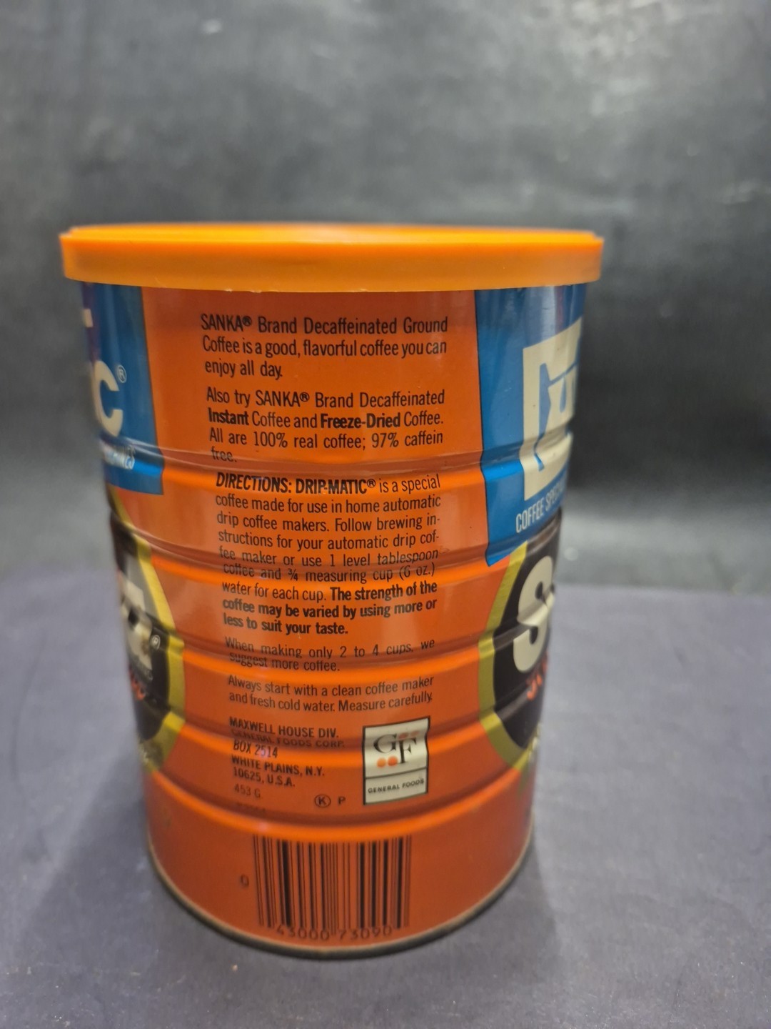 Vintage Sanka 16oz Coffee Can Blue Orange Drip-matic 97% Caffeine free 4.0″x5.5″