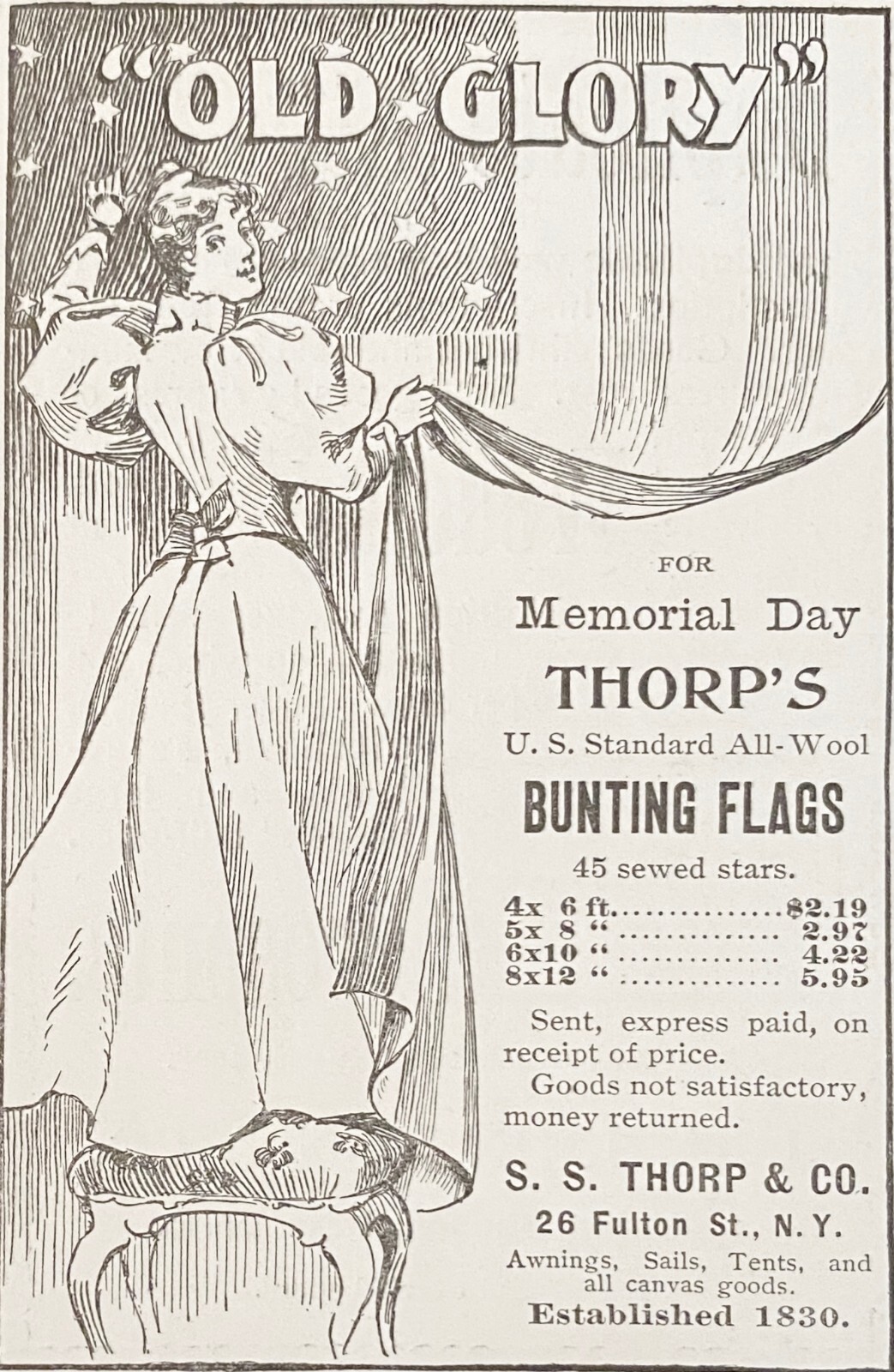 S.S.Thorp BUNTING FLAGS Old Glory USA 45 Stars Memorial Day Antique1896 Print Ad