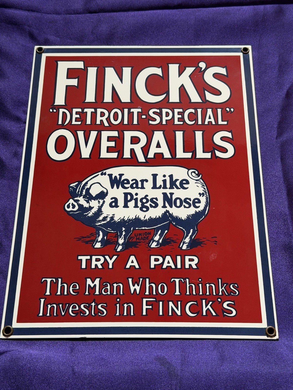 Vintage Porcelain Sign Finck’s Detroit Special Overalls Ande Rooney Advertising