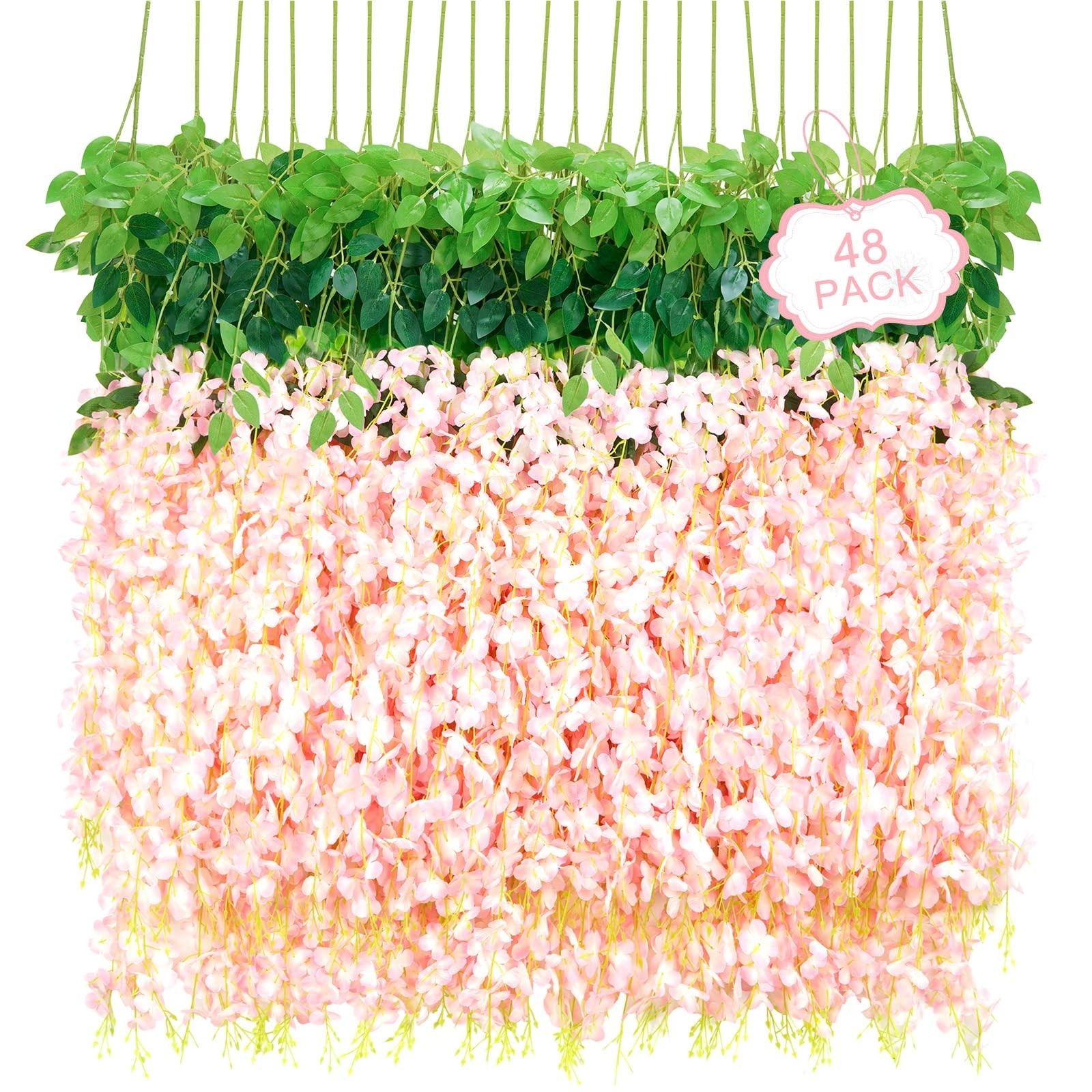48Pcs Artificial Wisteria Hanging Flowers, 3.6Ft/Pcs Pink Fake Wisteria Garla…
