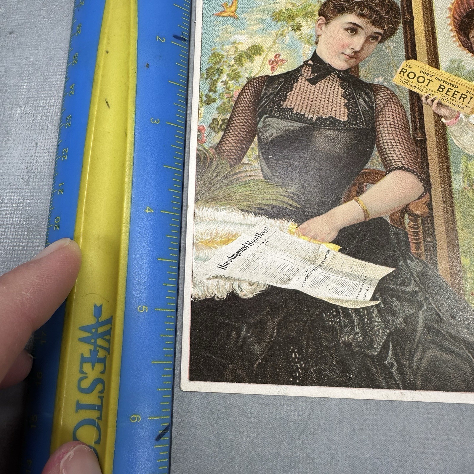 Antique Victorian Trade Card Circa 1880s Hires Rootbeer Lady Black Dress