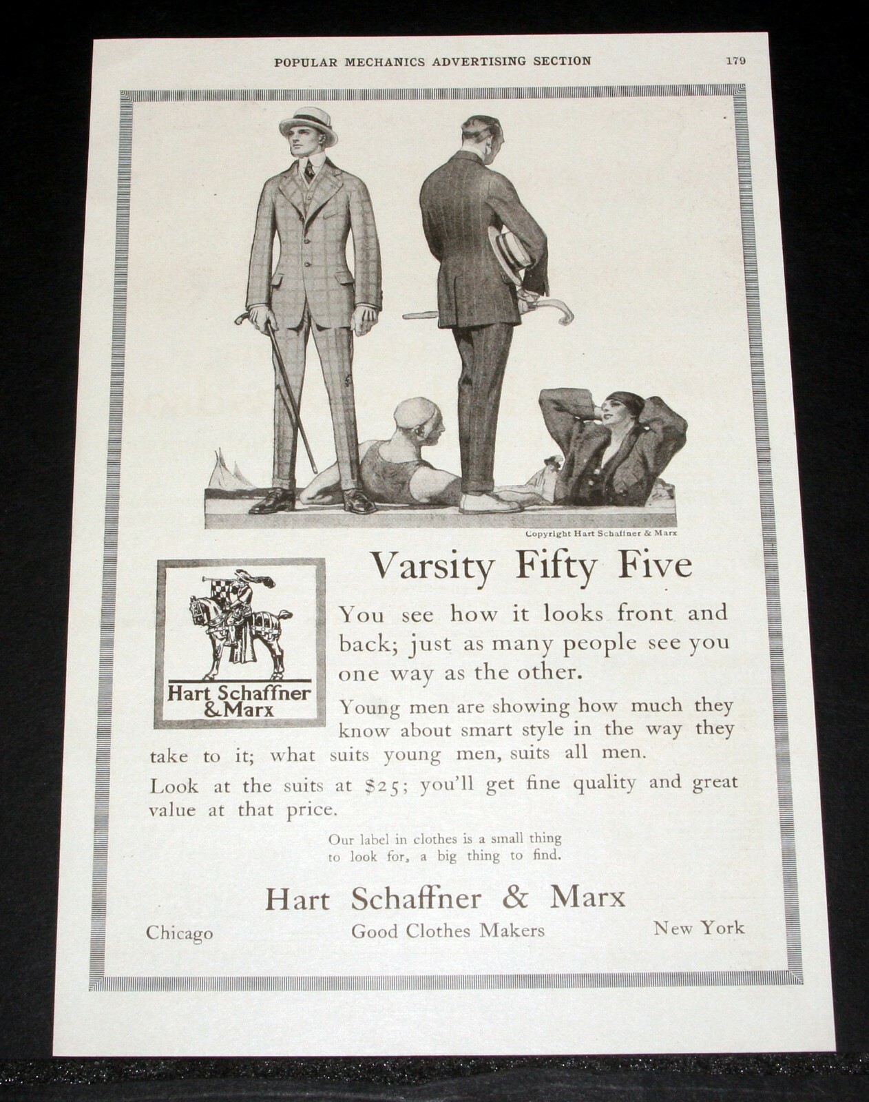 1915 OLD MAGAZINE PRINT AD, HART SCHAFFNER & MARX, VARSITY FIFTY FIVE MENS SUIT!